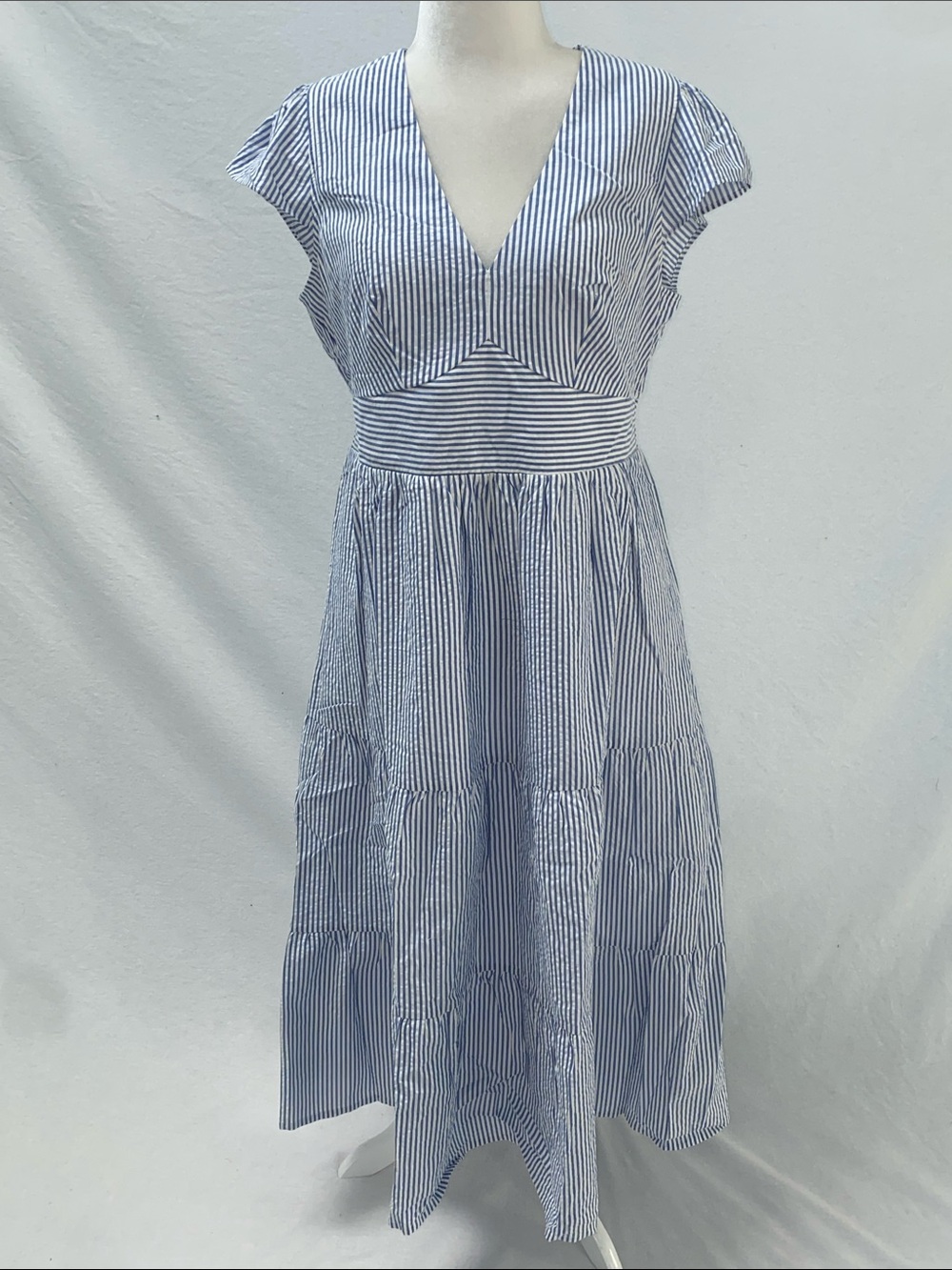 Boden Blue and White Stripe Tiered Midi Dress - Picture 2 of 6